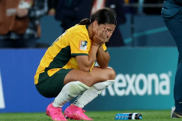 Sam Kerr is devastated after the final whistle in the World Cup semi-final between Australia and England.