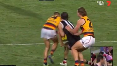 Hunter Clark was left with a broken jaw after this hit to the face from David Mackay in the St Kilda versus Adelaide match. Screengrabs courtesy of the Seven Network
