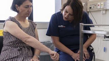 Don’t rush? Premier Gladys Berejiklian received her first dose of the AstraZeneca vaccine in March. 