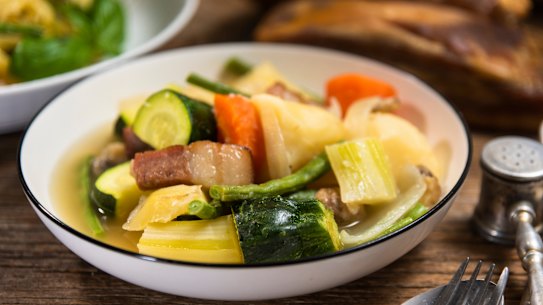 Pot-au-feu is a simple French dish of meat and vegetables.
