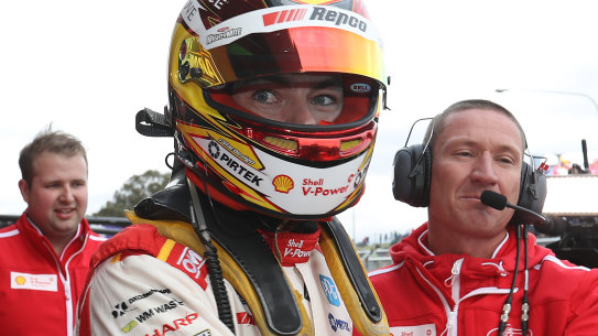 Scott McLaughlin celebrates his maiden Bathurst victory..