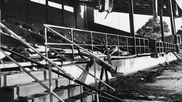 Cumberland Oval, Parramatta’s spiritual home, lies in smoking ruins after the Eels’ final game there in 1981. 