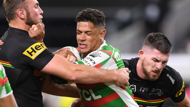 Dane Gagai takes some punishment against the Panthers earlier this month.