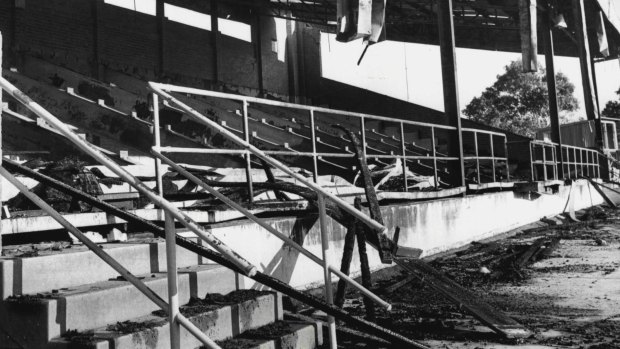Cumberland Oval, Parramatta’s spiritual home, lies in smoking ruins after the Eels’ final game there in 1981. 