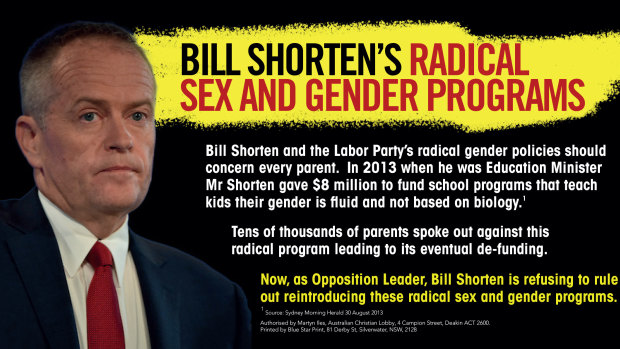 One of the leaflets the Australian Christian Lobby handed out as part of its first ever federal field campaign.