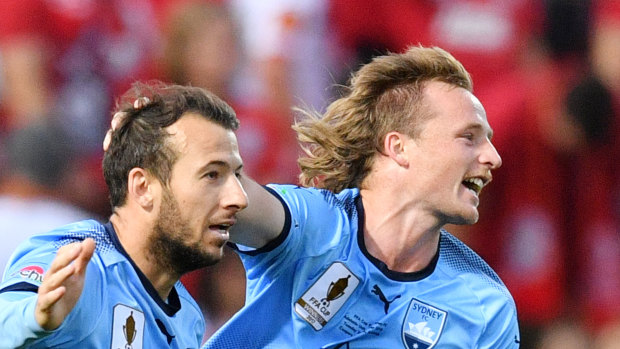 New mates: Rhyan Grant (right) and Adam Le Fondre have both made cracking starts to the new season for Sydney FC.