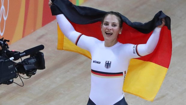 Kristina Vogel of Germany celebrates after winning the women's Sprint gold medal at the Rio 2016 Olympic Games.