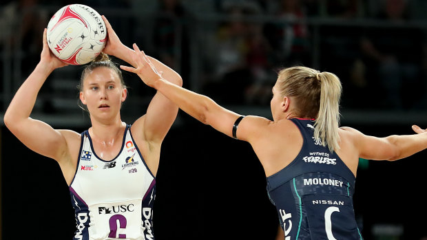 Mahalia Cassidy of the Sunshine Coast Lightning in action during the round two Super Netball contest against the Melbourne Vixens at John Cain Arena.