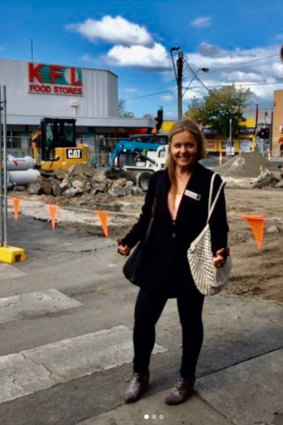 Brimbank councillor Virginia Tachos posing on Alfrieda Street, St Albans, in a photo published to her then-public Instagram account on April 17.