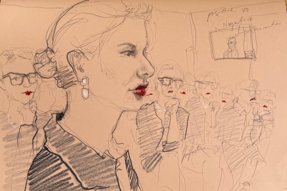 A courtroom sketch of Kirsha Kaechele, creator of the Ladies Lounge.
