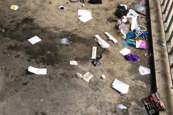 Drug paraphernalia left by users at the Richmond public housing estate, near the safe injecting room. 