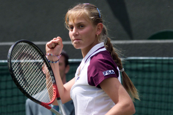 Jelena Dokic, at 16, on her way to a shock defeat of Martina Hingis 6-2, 6-0 at Wimbledon in 1999.