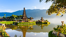 Pura Ulun Danu Bratan at sunrise, famous temple on the lake, Bedugul, Bali, Indonesia.