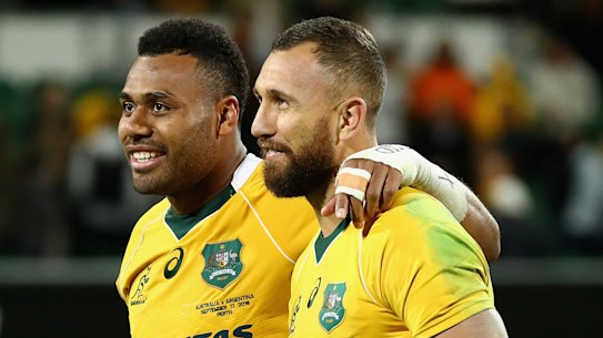 Japan’s attack coach has credited Australia’s turnaround to Samu Kerevi and Quade Cooper, pictured here after beating Argentina in 2016, as the Wallabies and Pumas prepare to lock horns again.