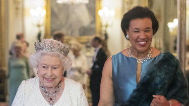 Baroness Scotland with the Queen during the Commonwealth Heads of Government Meeting (CHOGM) in London in 2018.