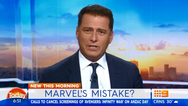 Karl Stefanovic has lashed out at cinemas for releasing the new Avengers film on ANZAC Day.
