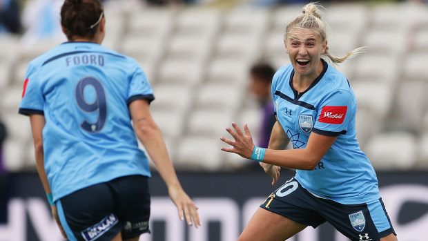 Remy Siemsen celebrates the on her way to a double for Sydney FC in their win over Melbourne Victory on Sunday.
