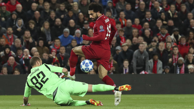 Liverpool's Mohamed Salah tries to get past Red Star goalkeeper Milan Borjan.