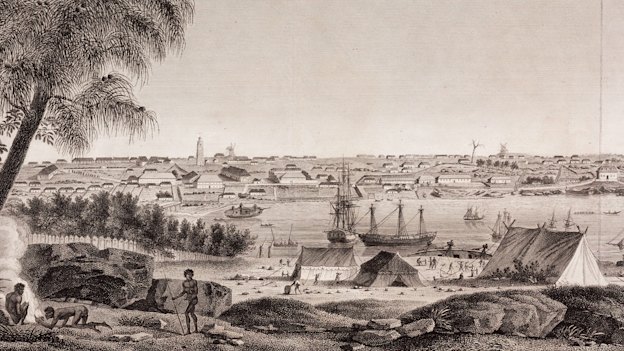 Many languages were already spoken across the continent when the British arrived. This image shows the mouth of Sydney’s Parramatta River c 1801.