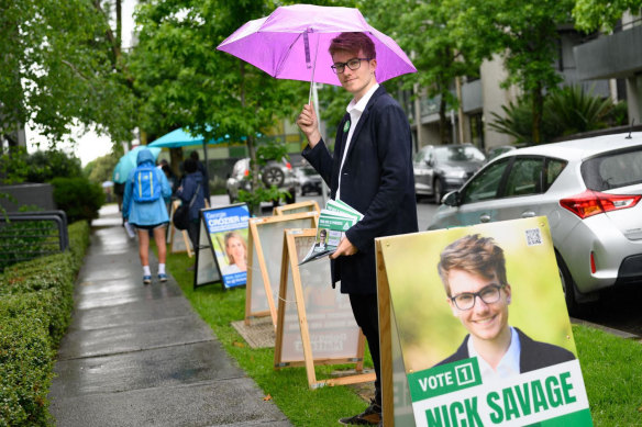 Greens candidate for Hawthorn Nick Savage at pre-poll.