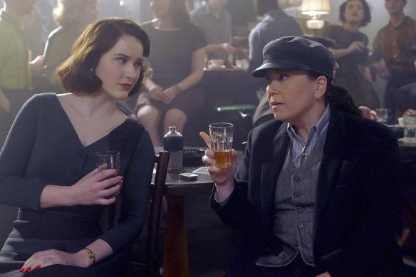 Rachel Brosnahan as housewife-turned-comedienne Miriam Maisel and Alex Borstein as her grouchy agent Susie Myerson in The Marvelous Mrs Maisel.
