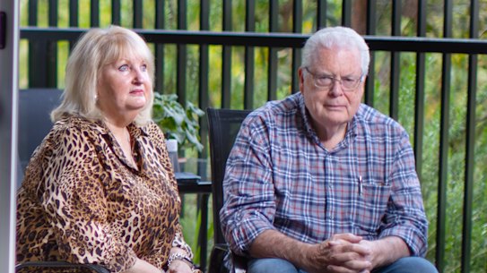 Colin Waters and partner Rae at home in their Avondale Heights retirement villa on Wednesday.