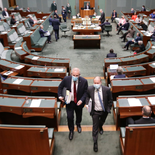 Prime Minister Scott Morrison and Treasurer Josh Frydenberg depart at the end of Question Time on Thursday.