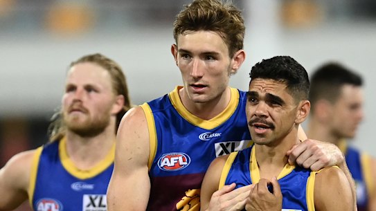 Harris Andrews and Charlie Cameron speak after their preliminary final loss to Geelong.