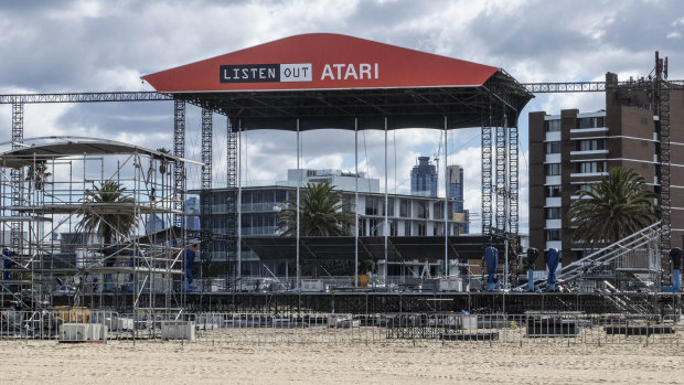 The stage during set-up for Friday's Listen Out festival on St Kilda beach.