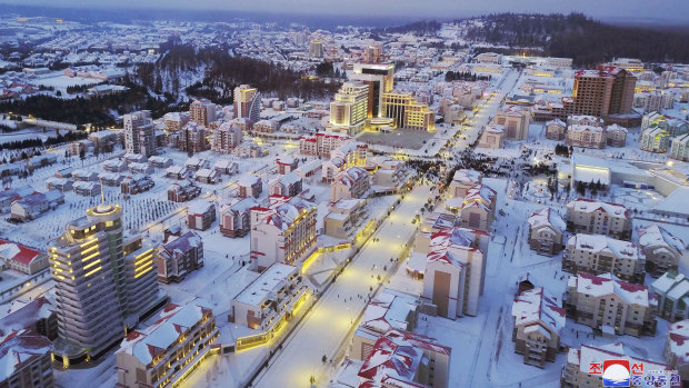 North Korean leader Kim Jong-un visited Samjiyon county, at the foot of Mount Paektu, to mark the town's "transformation to an epitome of modern civilisation,” KCNA said. Above, the snow-covered Samjiyon city.