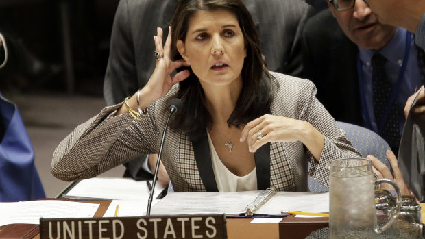 US Ambassador to the UN, Nikki Haley, addresses an emergency session of the UN.