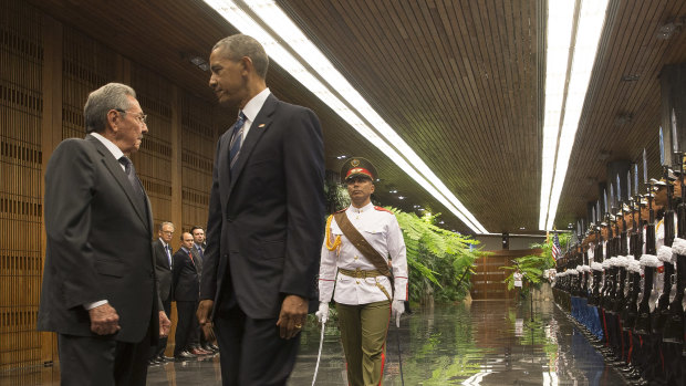 President Barack Obama and Cuban President Raul Castro during a welcoming ceremony at the Palace of the Revolution in Havana, Cuba, March 21, 2016. 