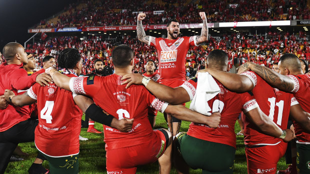 National heritage: Andrew Fifita leads the Tongans in a rendition of the Sipi Tau after their spirited effort against Australia.