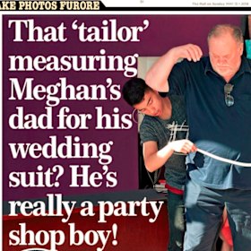 The cover of the Mail on Sunday showing Thomas Markle, Meagan Markle's father, being fitted for a suit.