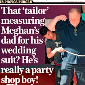 The cover of the Mail on Sunday showing Thomas Markle, Meagan Markle\'s father, being fitted for a suit.
