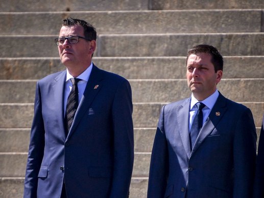 Premier Daniel Andrews and Mr Guy at a Remembrance Day service in 2018. 