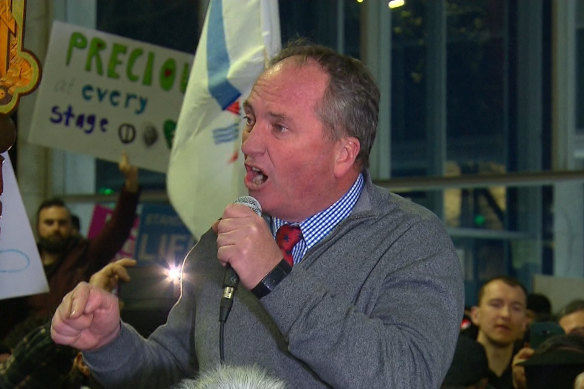 Former deputy prime minister Barnaby Joyce speaks at an anti-abortion rally in Sydney last week.