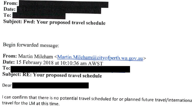 An email from City of Perth CEO Martin Mileham.