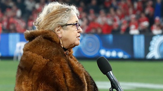 Aunty Joy Murphy giving a Welcome to Country at Marvel Stadium in 2023.
