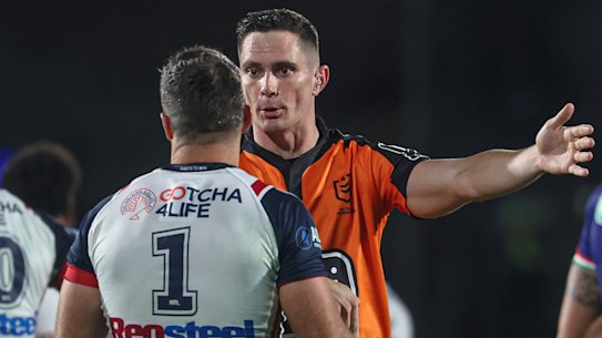 Roosters captain James Tedesco made regular enquiries with referee Wyatt Raymond on Friday night.