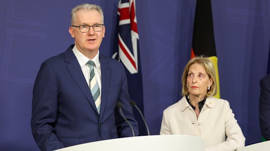 Immigration Minister Tony Burke with antisemitism envoy Jillian Segal and Prime Minister Anthony Albanese on Thursday.