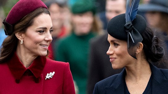 Catherine, Duchess of Cambridge and Meghan, Duchess of Sussex attend the Christmas Day church service at Sandringham in 2018.