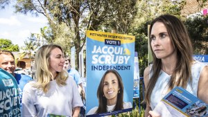 Pittwater candidates Liberal Georgia Ryburn (left) and independent Jacqui Scruby electioneering on Saturday.