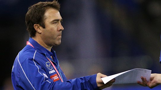Kangaroos coach Brad Scott during North Melbourne's match against the Western Bulldogs at Marvel Stadium on Saturday.