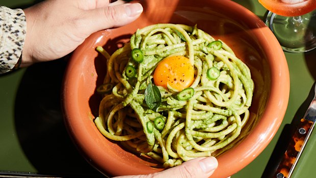 Bucatini with Thai basil and green chilli pesto speaks with an Australian accent.