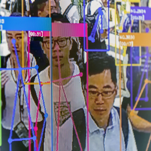 A screen demonstrates facial-recognition technology at the World Artificial Intelligence Conference in Shanghai, China, on Thursday, August 29, 2019. 