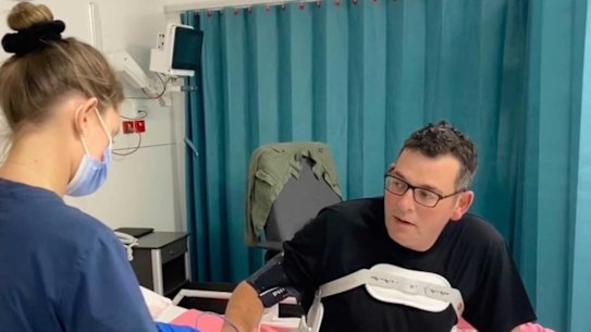 Premier Daniel Andrews, pictured in intensive care in March.