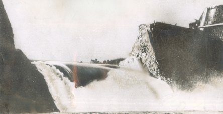 Mohne Dam, Germany, after WWII   Dambusters raid. At dawn, five hours after the raid, the Germans took this picture of the Mohne Dam.  By this time the lake had shrunk and the worst fury of the flood had subsided.  The breach is 100 yards across.