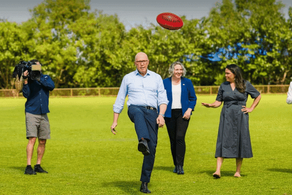 Peter Dutton kicked a wayward ball which hit a cameraman this morning.