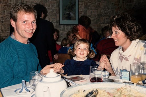 Samantha Atkinson as a child in the 1980s with her parents Marcus and Vicki Atkinson.
